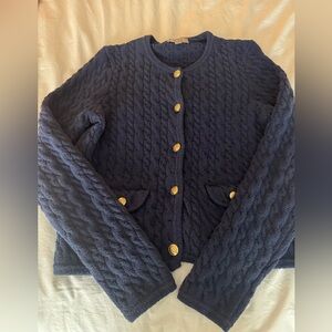 J crew Odette cable-knit sweater lady jacket cotton blend boucle navy/small